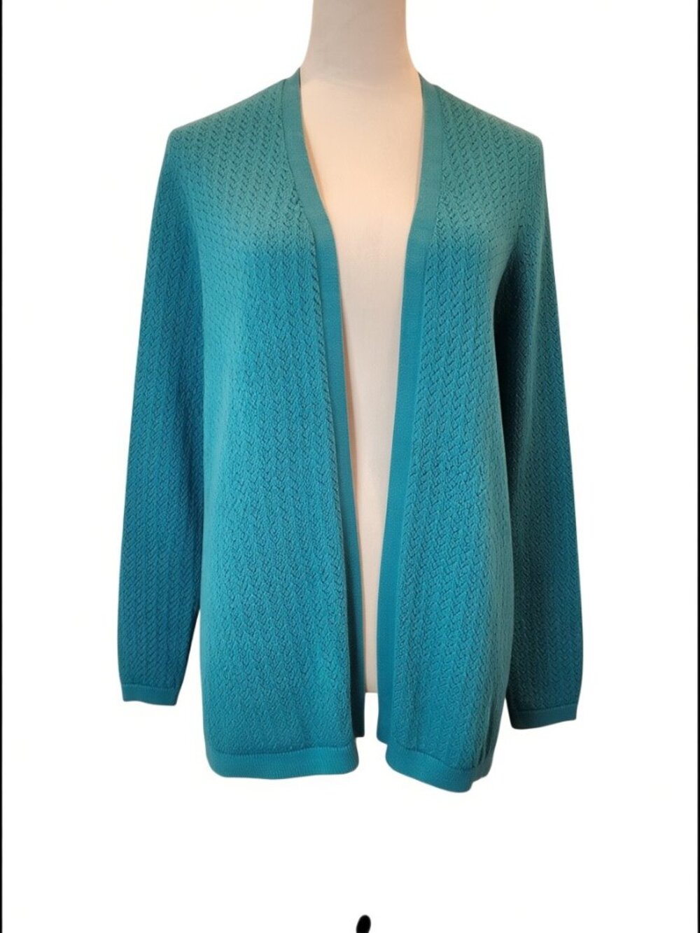 LL BEAN Open Cardigan Sweater Womens Bayshore Pointelle Teal Blue Heather